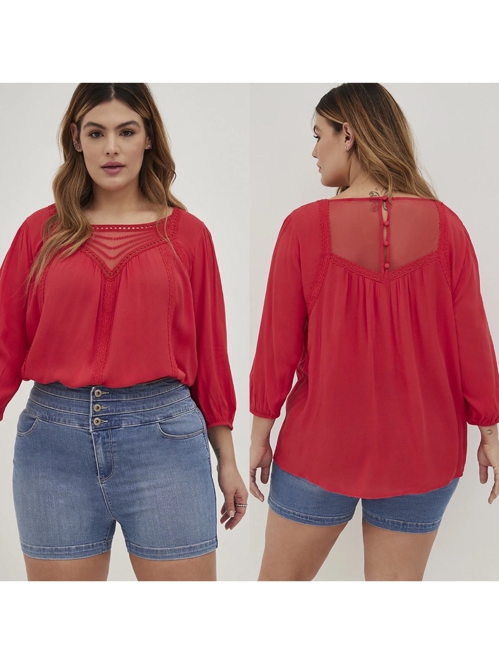 Torrid Red Embroidered & Crochet Trim Top Plus Size Blouse 1X 14 16 Shirt Flowy